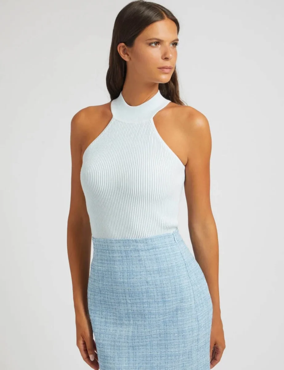 Guess Shayna High Neck Rib Knit Top | Light Blue