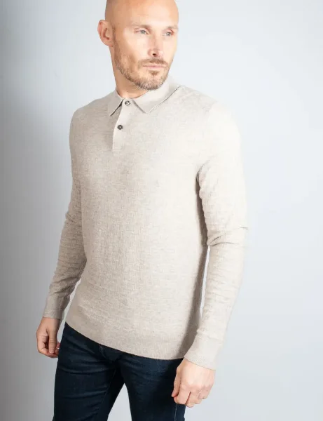Ted Baker Morar Long Sleeved Knitted Polo Shirt | Beige Ted Baker Morar Long Sleeved Knitted Polo Shirt | Beige