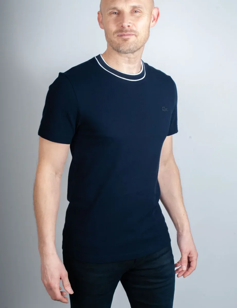 Lacoste Stretch Pique Stripe Collar T-Shirt | Navy