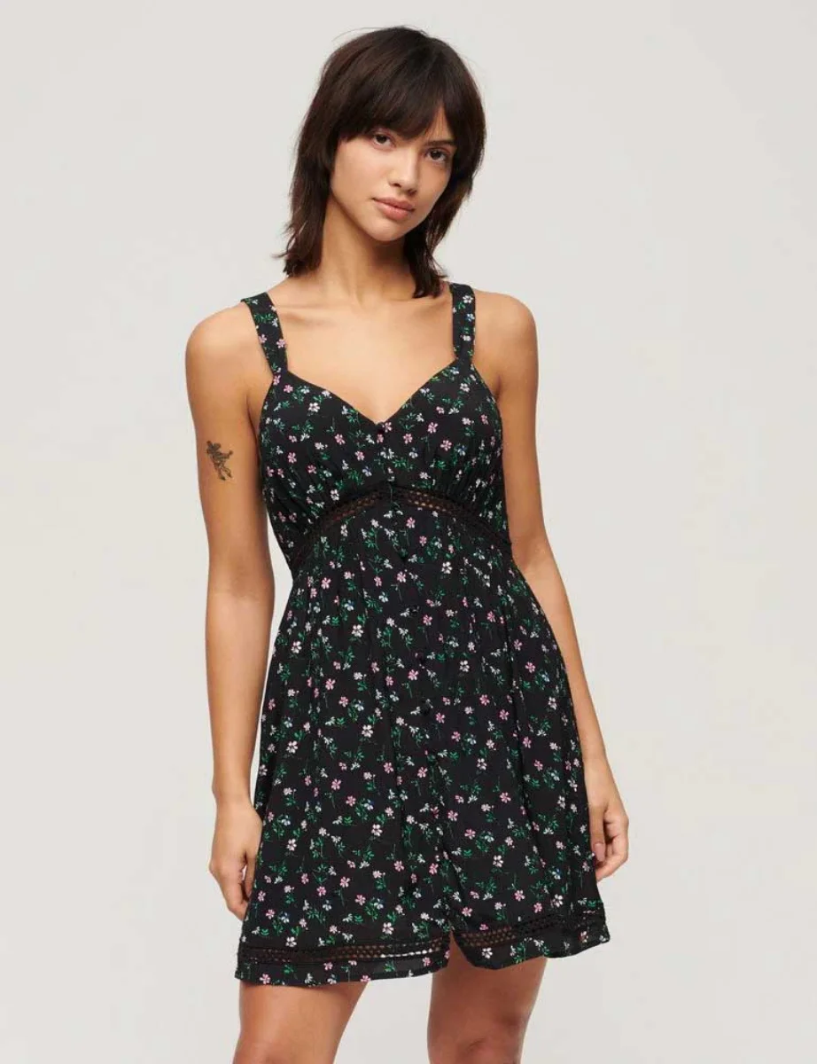 Superdry Women's Lace Trim V Neck Cami Dress | Black Floral Print