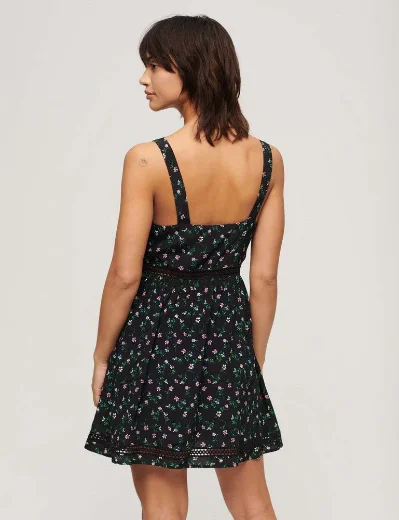 Superdry Women's Lace Trim V Neck Cami Dress | Black Floral Print