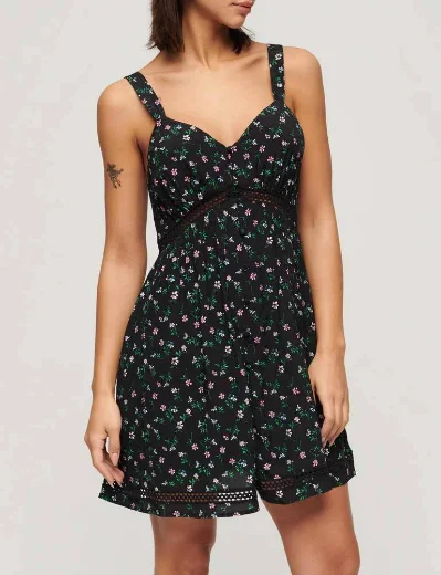 Superdry Women's Lace Trim V Neck Cami Dress | Black Floral Print