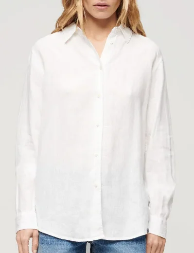 Superdry Women's Casual Linen Boyfriend Shirt | Optic White