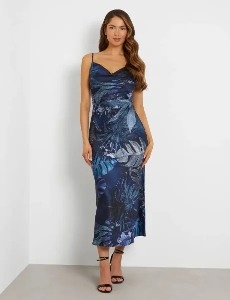 Guess Women's Akilina Satin Slip Dress | Blue Floral Guess Women's Akilina Satin Slip Dress | Blue Floral