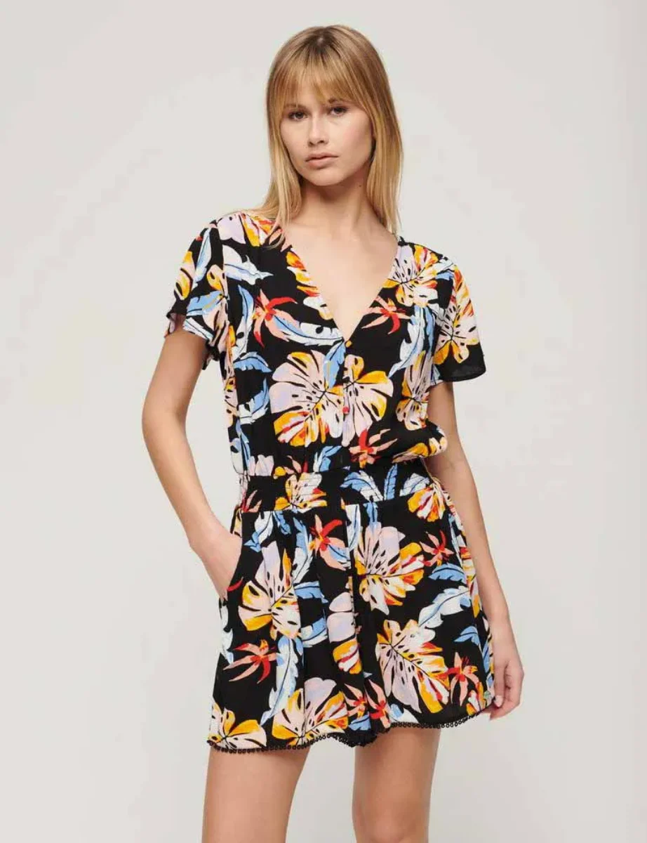 Superdry Short Sleeve Beach Playsuit | Watercolour Tropical Orange