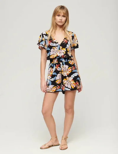 Superdry Short Sleeve Beach Playsuit | Watercolour Tropical Orange