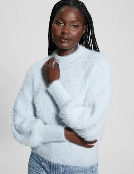 Guess Womens Keyla Fuzzy Yarn Crew Neck Knitted Sweater | Sky Blue Guess Womens Keyla Fuzzy Yarn Crew Neck Knitted Sweater | Sky Blue
