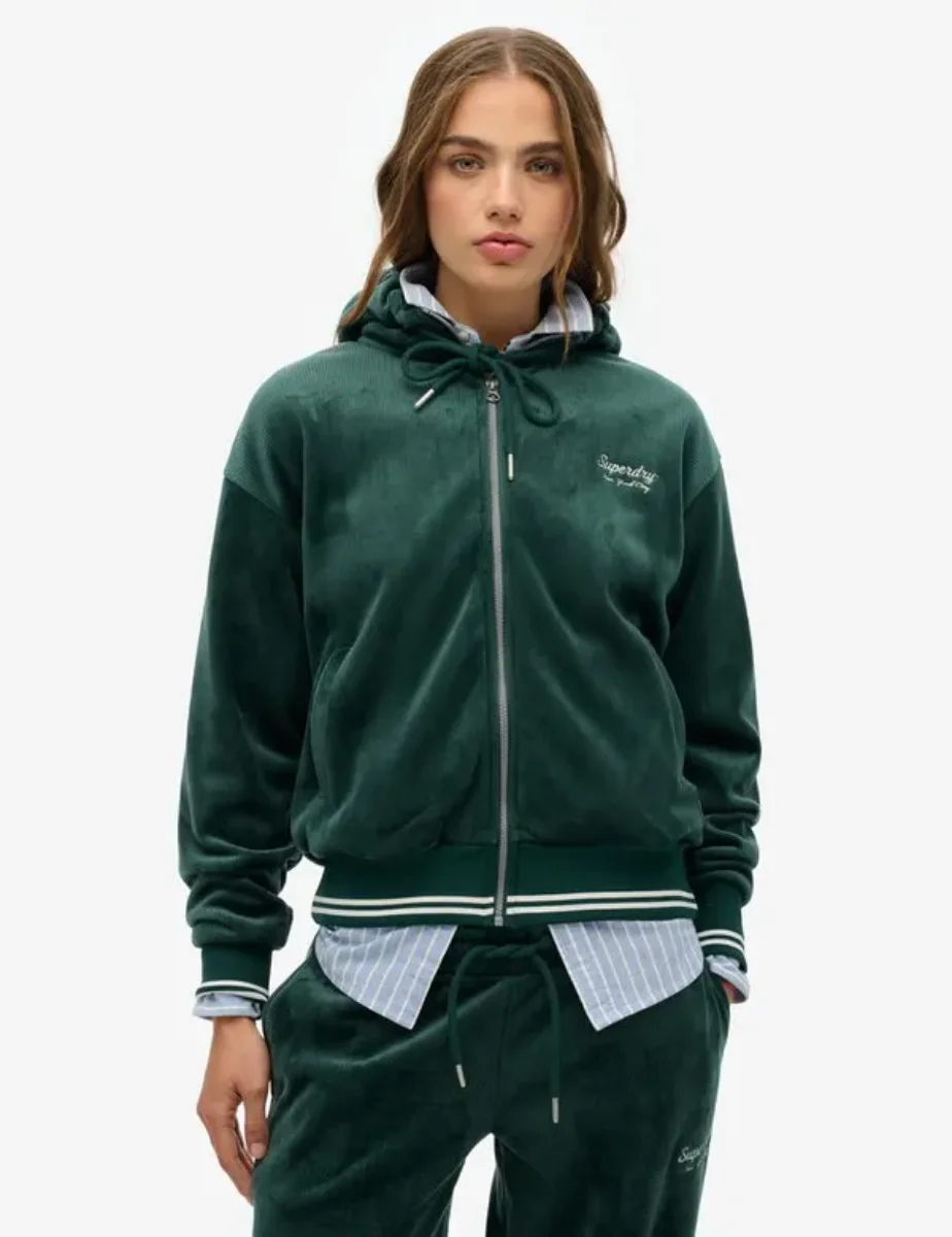 Superdry Womens Country Club Velour Zip Hoodie | Enamel Green