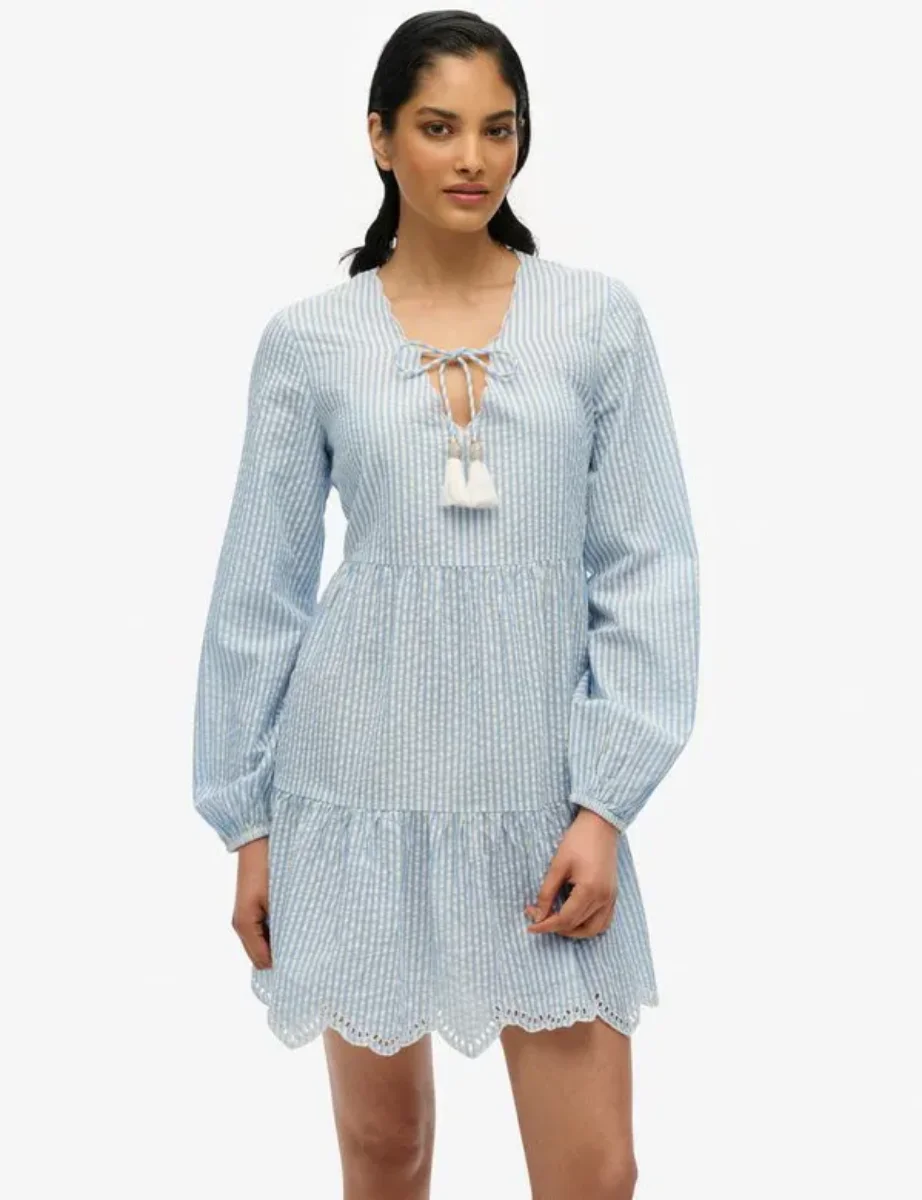 Superdry Womens Broderie Tiered Mini Dress | Blue Stripe