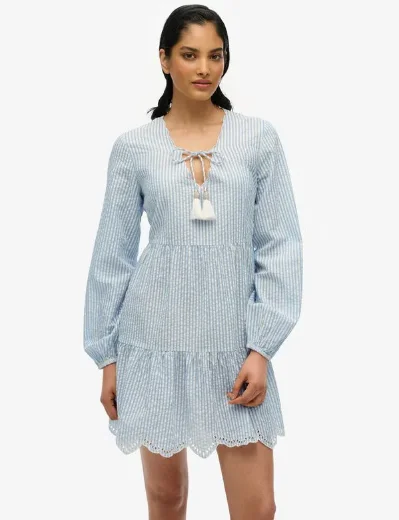 Superdry Womens Broderie Tiered Mini Dress | Blue Stripe