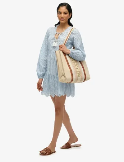Superdry Womens Broderie Tiered Mini Dress | Blue Stripe