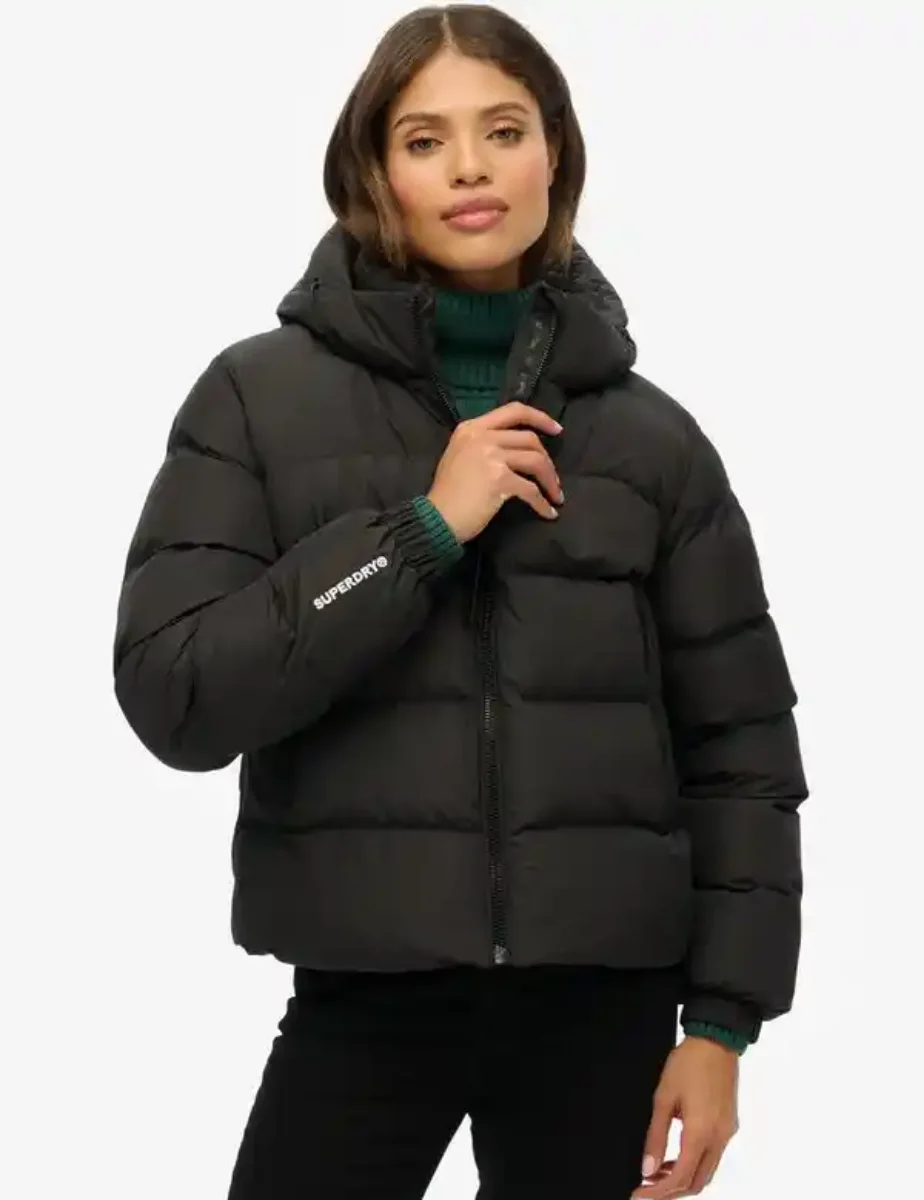 Superdry Women's Hooded Sports Puffer Jacket | Black