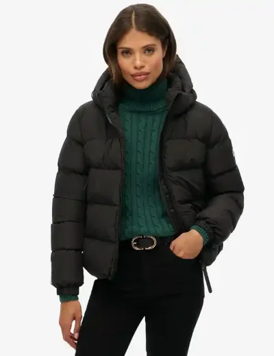 Superdry Women's Hooded Sports Puffer Jacket | Black