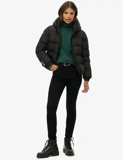 Superdry Women's Hooded Sports Puffer Jacket | Black