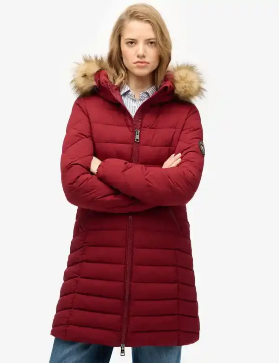 Superdry Womens Fuji Faux Fur Hood Mid Length Jacket | Wine Red