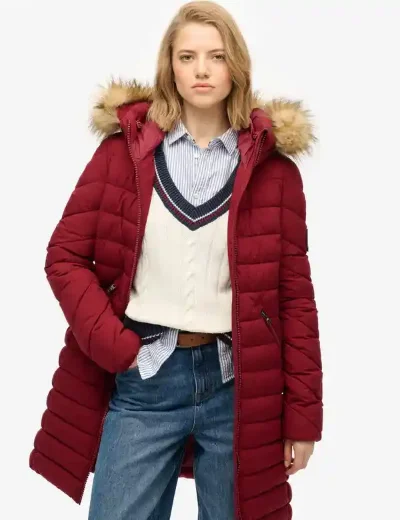 Superdry Womens Fuji Faux Fur Hood Mid Length Jacket | Wine Red