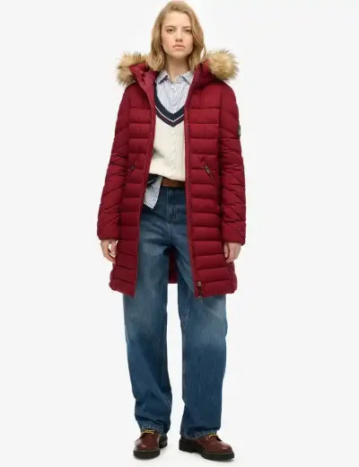 Superdry Womens Fuji Faux Fur Hood Mid Length Jacket | Wine Red