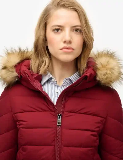 Superdry Womens Fuji Faux Fur Hood Mid Length Jacket | Wine Red