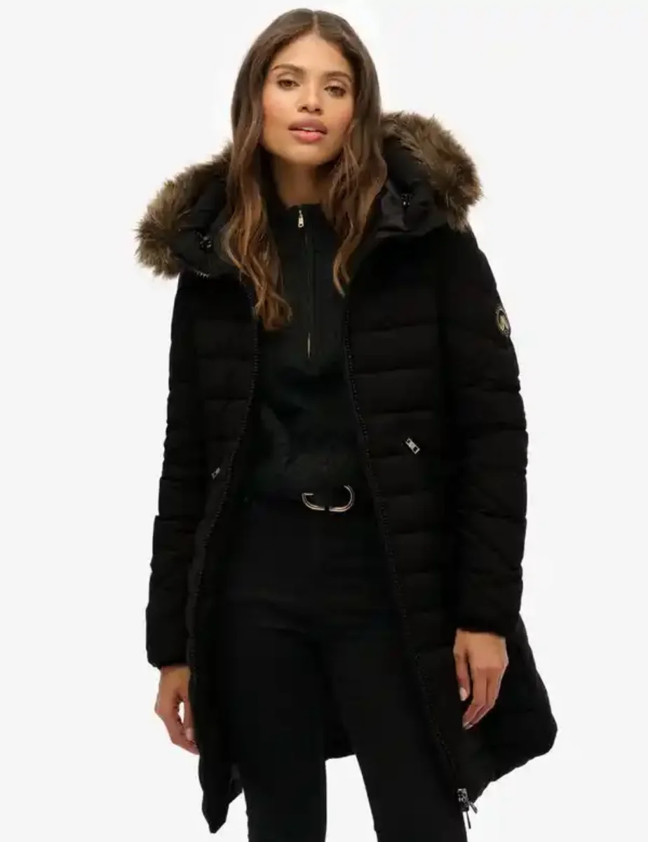 Superdry Womens Fuji Faux Fur Hood Mid Length Jacket | Black