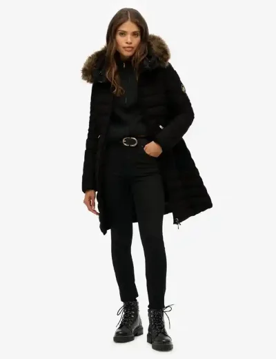 Superdry Womens Fuji Faux Fur Hood Mid Length Jacket | Black