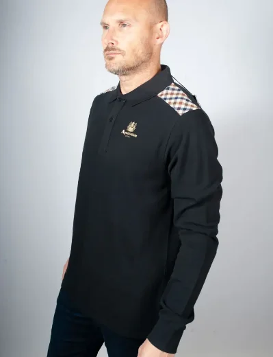 Aquascutum Active Check Shoulder Stripes L/S Polo / Black