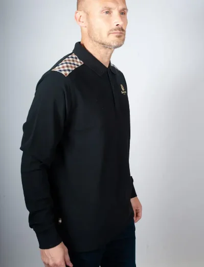 Aquascutum Active Check Shoulder Stripes L/S Polo / Black