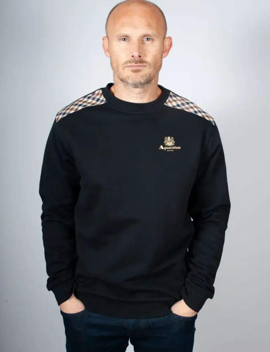 Aquascutum Active Club Check Shoulder Crew Neck Sweatshirt / Black