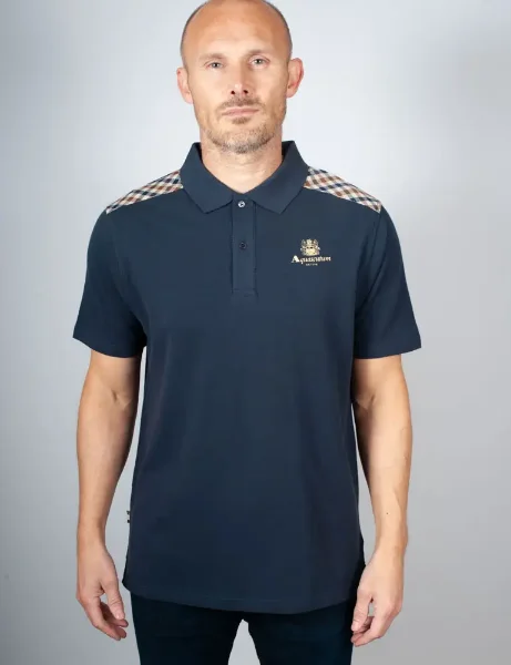 Aquascutum Active Club Check Shoulder Stripes Polo | Navy Aquascutum Active Club Check Shoulder Stripes Polo | Navy