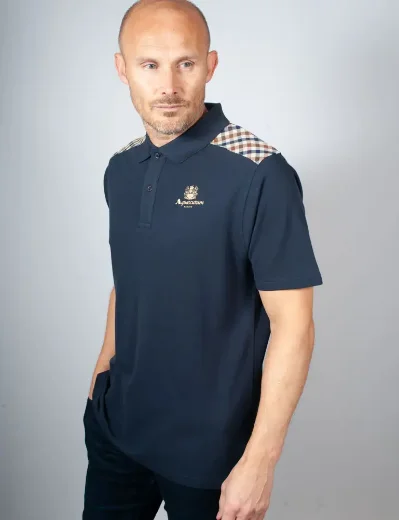 Aquascutum Active Club Check Shoulder Stripes Polo | Navy