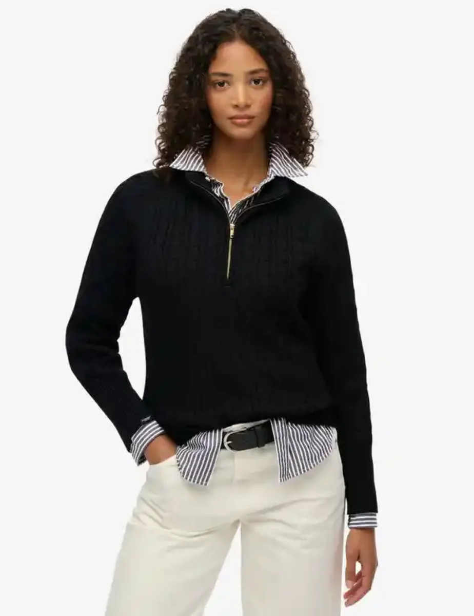 Superdry Brushed Cable Knit Henley Jumper | Black