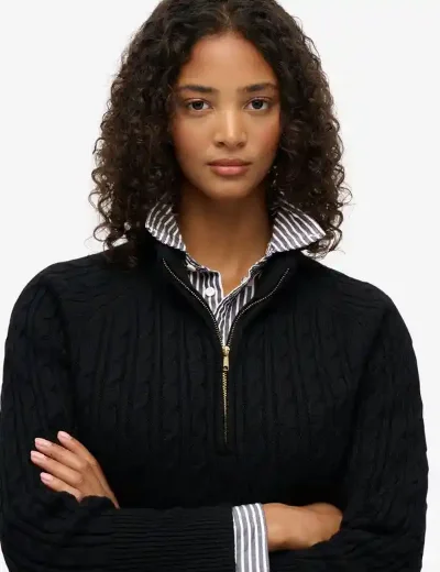 Superdry Brushed Cable Knit Henley Jumper | Black