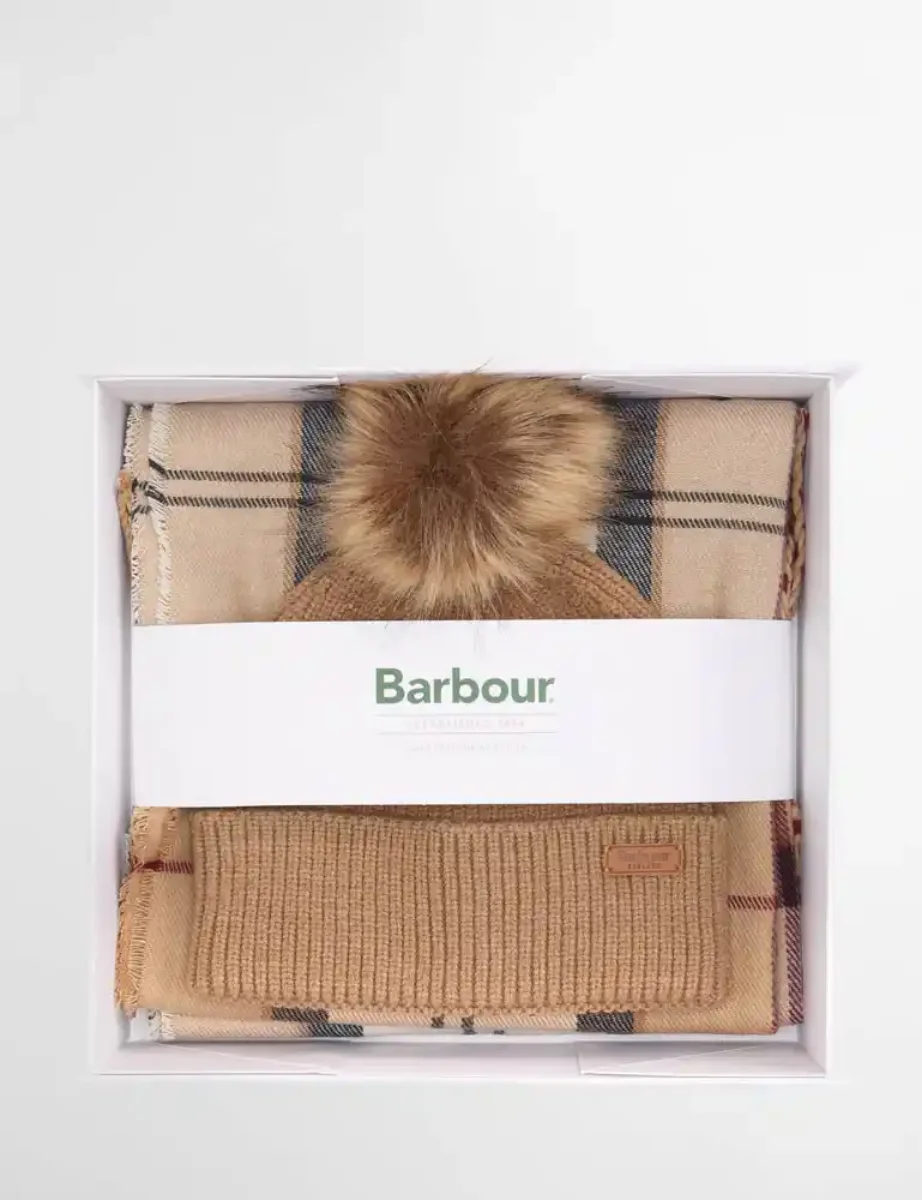 Barbour Dover Beanie Hat and Hailes Scarf Gift Set | Beige
