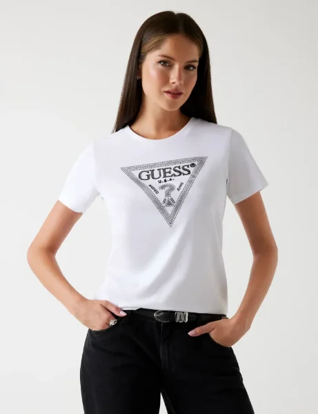 Guess Krystal Triangle Logo T-Shirt | White Guess Krystal Triangle Logo T-Shirt | White