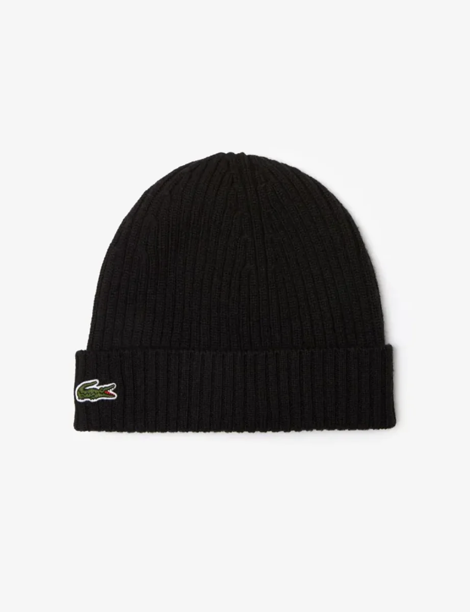 Lacoste Rib Knit Wool Beanie | Black