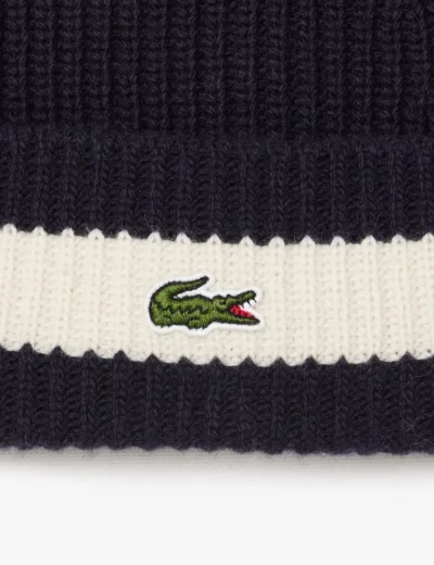 Lacoste Rib Knit Carded Wool Beanie | Navy Blue/White
