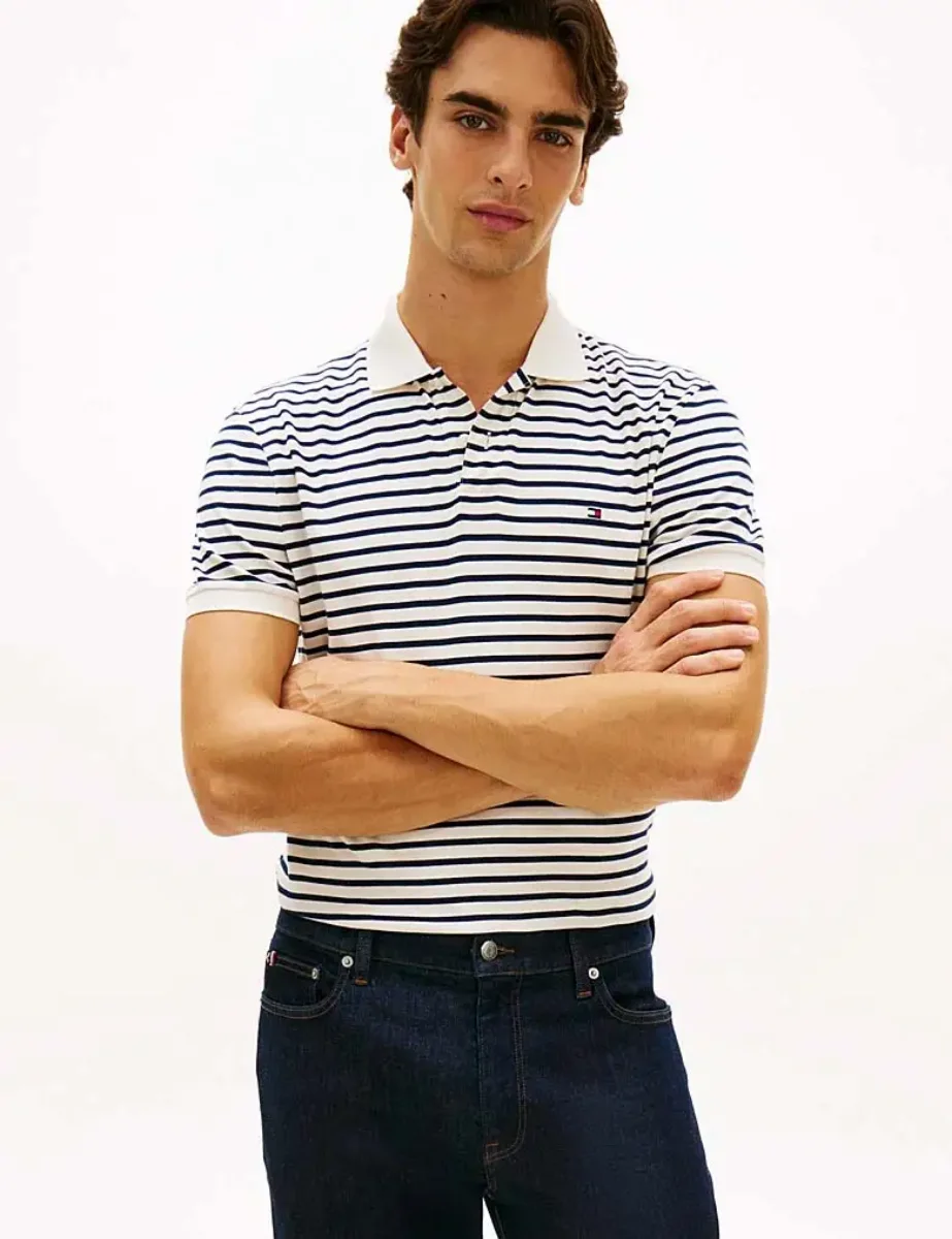Tommy Hilfiger Liquid Cotton Stripe Polo | Carbon Navy/Ivory petal