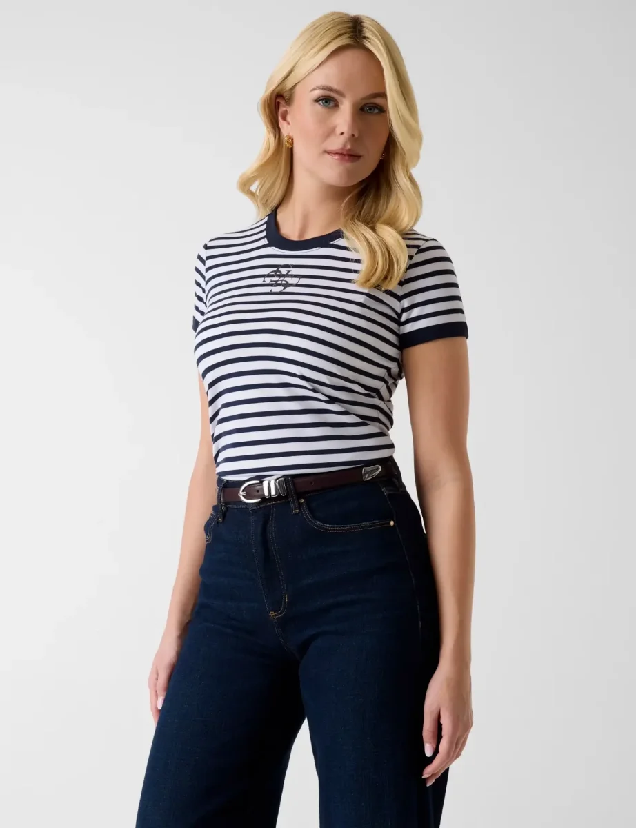 Guess Striped Crew Neck T-Shirt | White Multi