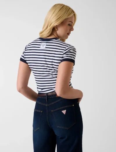 Guess Striped Crew Neck T-Shirt | White Multi