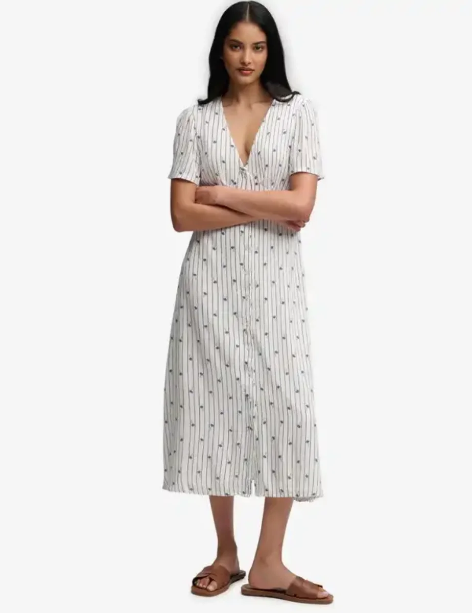 Superdry Printed Button Midi Tea Dress / Cream Ditsy Stripe