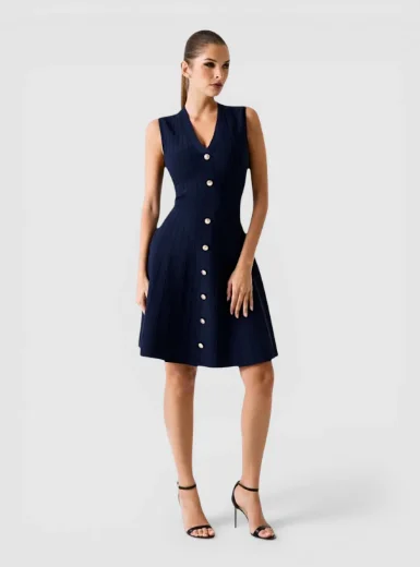 Guess V Neck Amber Knitted Sweater Dress | Navy