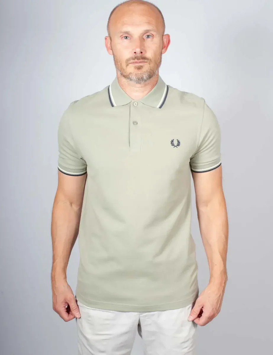 Fred Perry Mens Twin Tipped Polo Shirt | Seagrass / Ecru / Dark Airforce