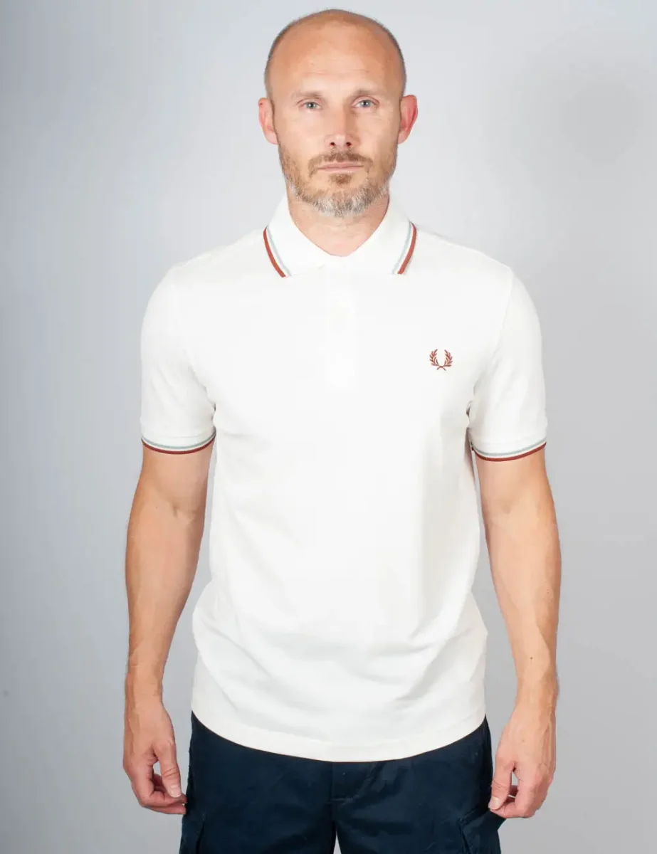 Fred Perry Mens Twin Tipped Polo | Snow White / Blue / Brandy
