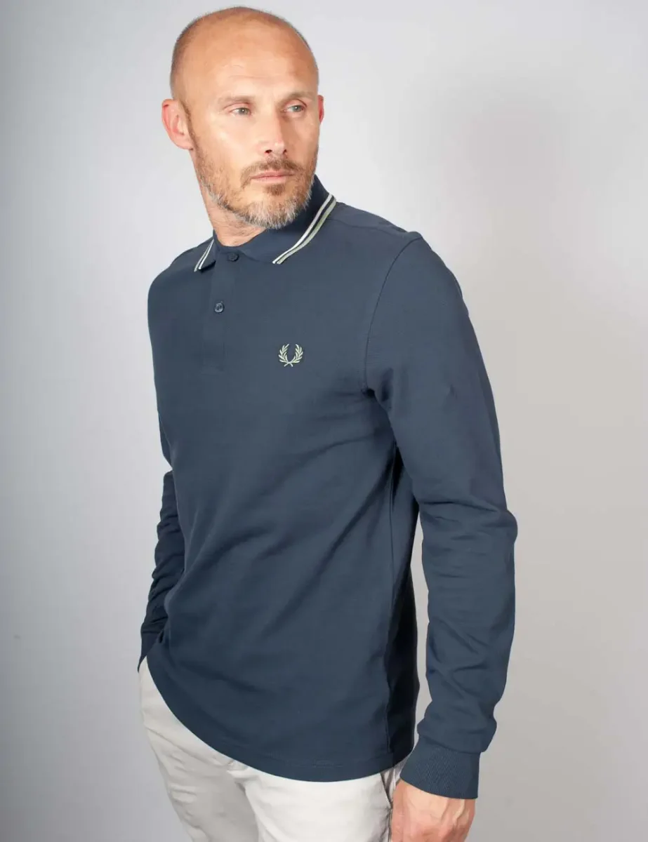 Fred Perry Long Sleeve Twin Tipped Polo | Dark Airforce/ Ecru / Seagrass