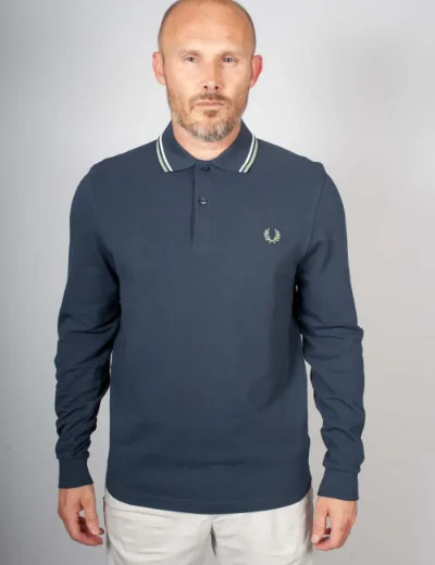 Fred Perry Long Sleeve Twin Tipped Polo | Dark Airforce/ Ecru / Seagrass
