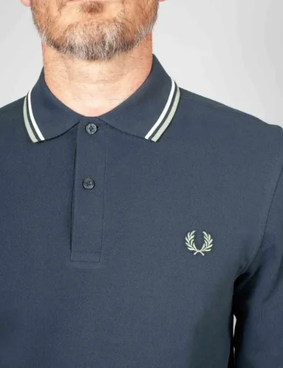 Fred Perry Long Sleeve Twin Tipped Polo | Dark Airforce/ Ecru / Seagrass
