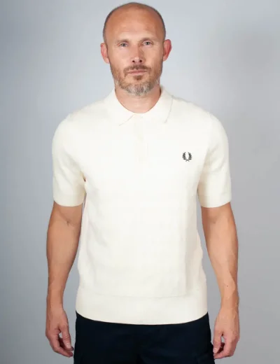 Fred Perry Mens Pointelle Knitted Polo Shirt | Ecru