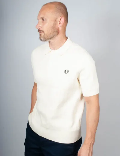 Fred Perry Mens Pointelle Knitted Polo Shirt | Ecru