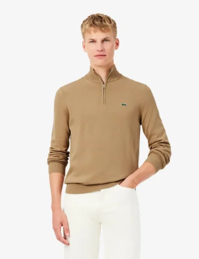 Lacoste Mens Zipped High Neck Cotton Sweater | Light Brown 