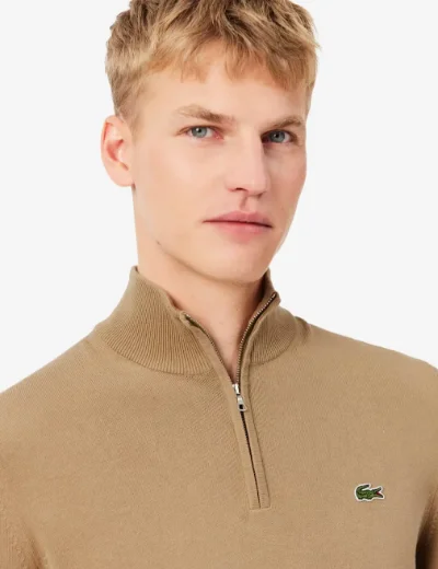 Lacoste Mens Zipped High Neck Cotton Sweater | Light Brown 