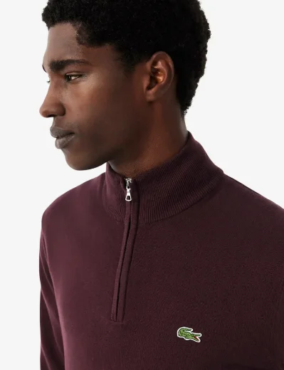 Lacoste Mens Zipped High Neck Cotton Sweater | Dark Burgundry